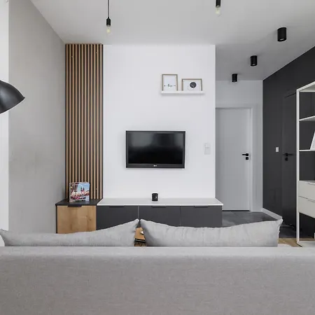 Black And Grey In Cracow With Balcony, Parking And Desk By Renters Appartement